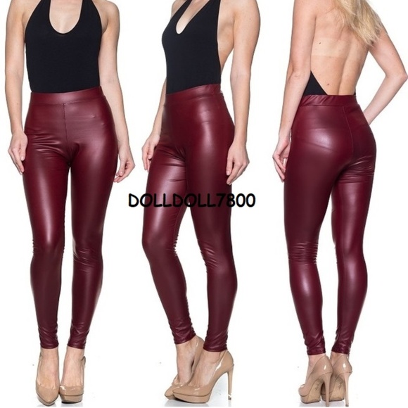 Faux Leather leggings high waist Burgundy MATTE - Picture 3 of 3